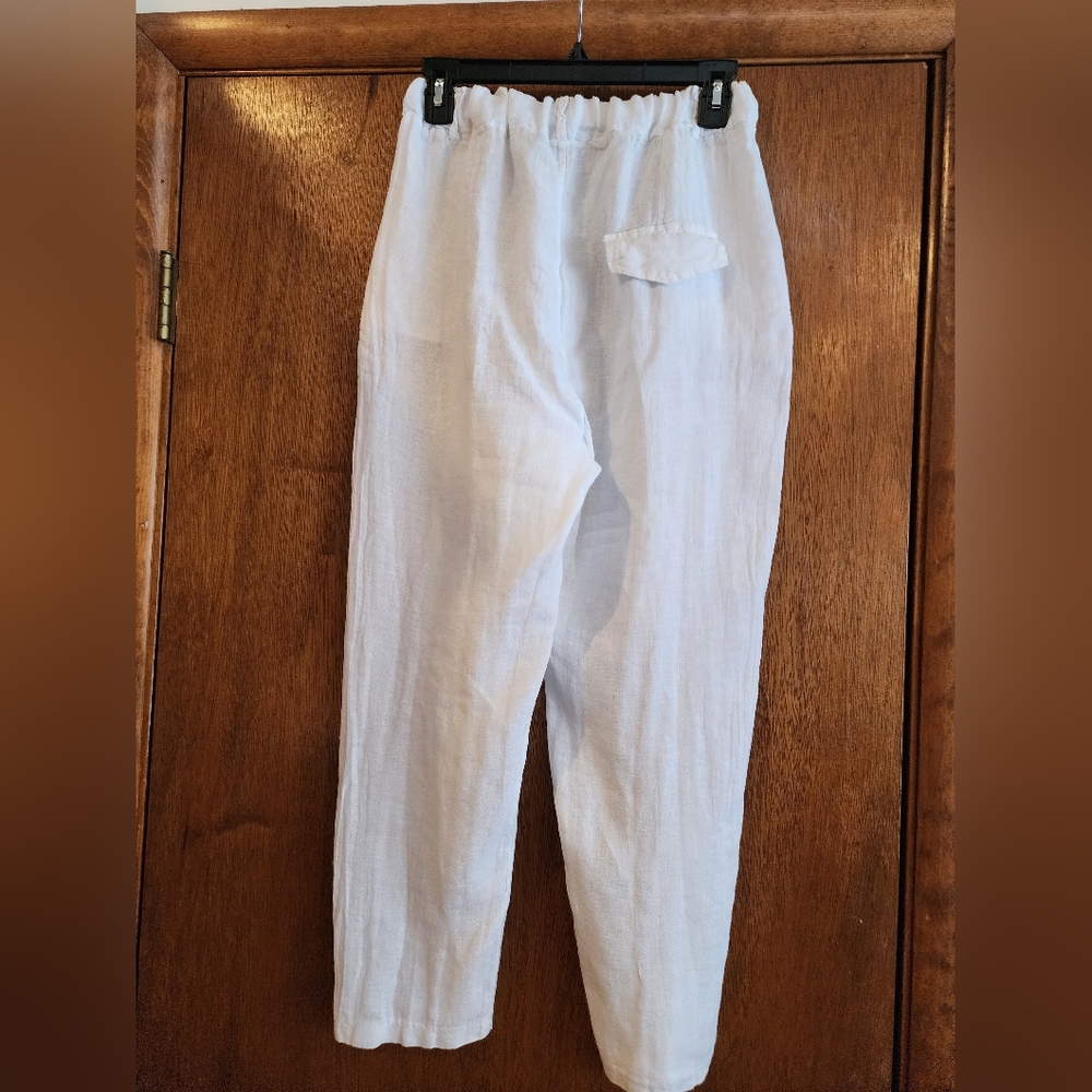M MADE IN ITALY Bright White 100% Linen Elastic Waist Slim Leg Pants Sz M L27 - Picture 2 of 11